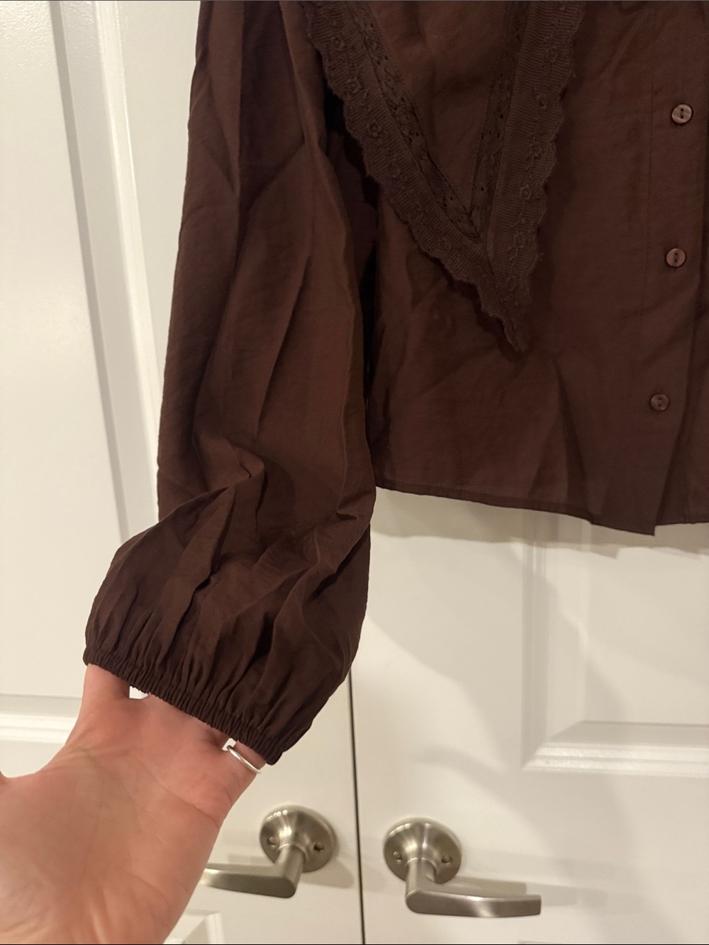 Zara Flowy Brown Lace-Trim Peter Pan Button-Down Blouse size S - Picture 6 of 9
